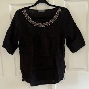 NWOT Vintage Beaded Scoop Neck Black Linen Women's Top